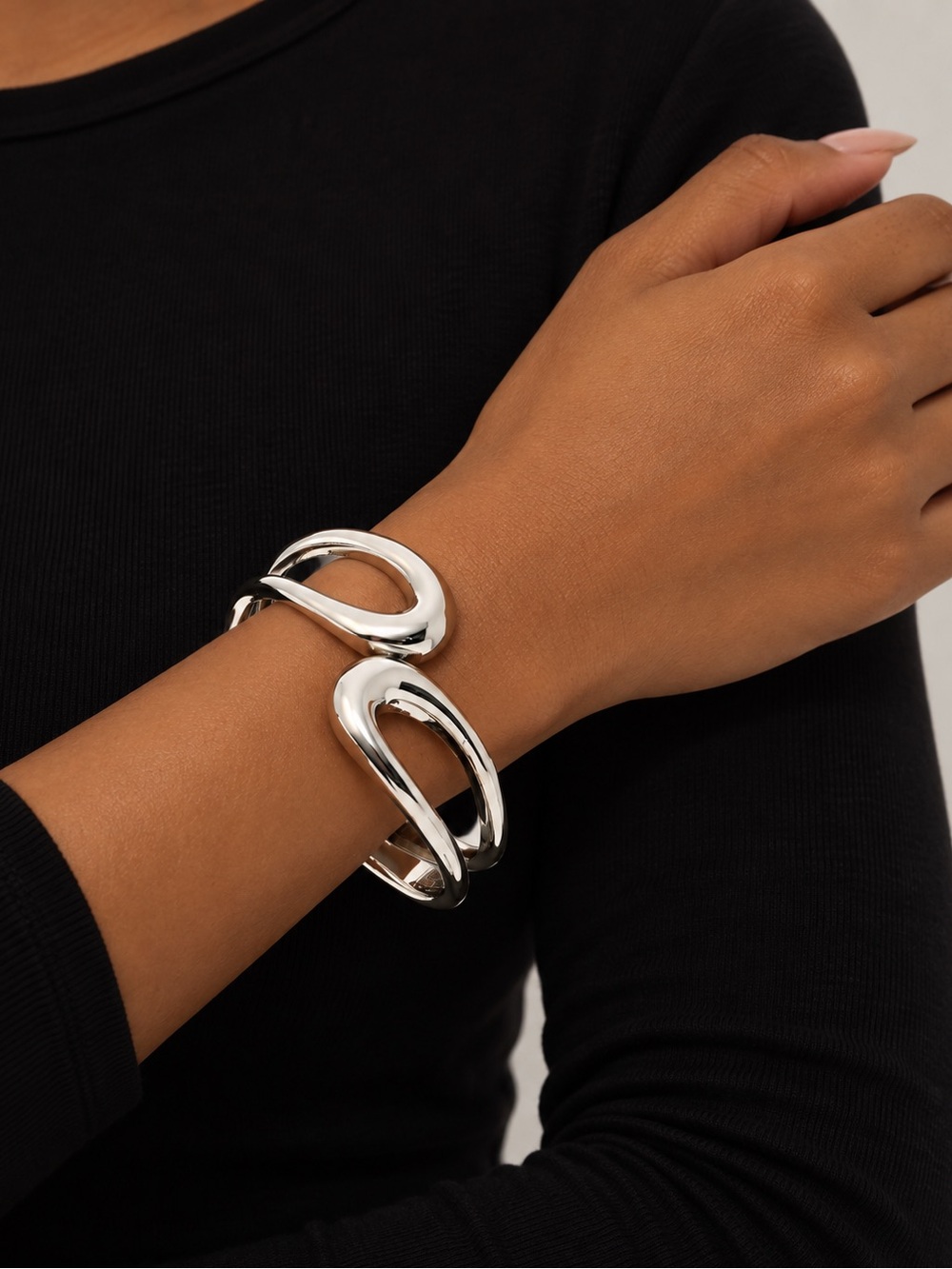Chunky Silver-Tone Alloy Sculptural Cuff Bracelet Statement Jewelry